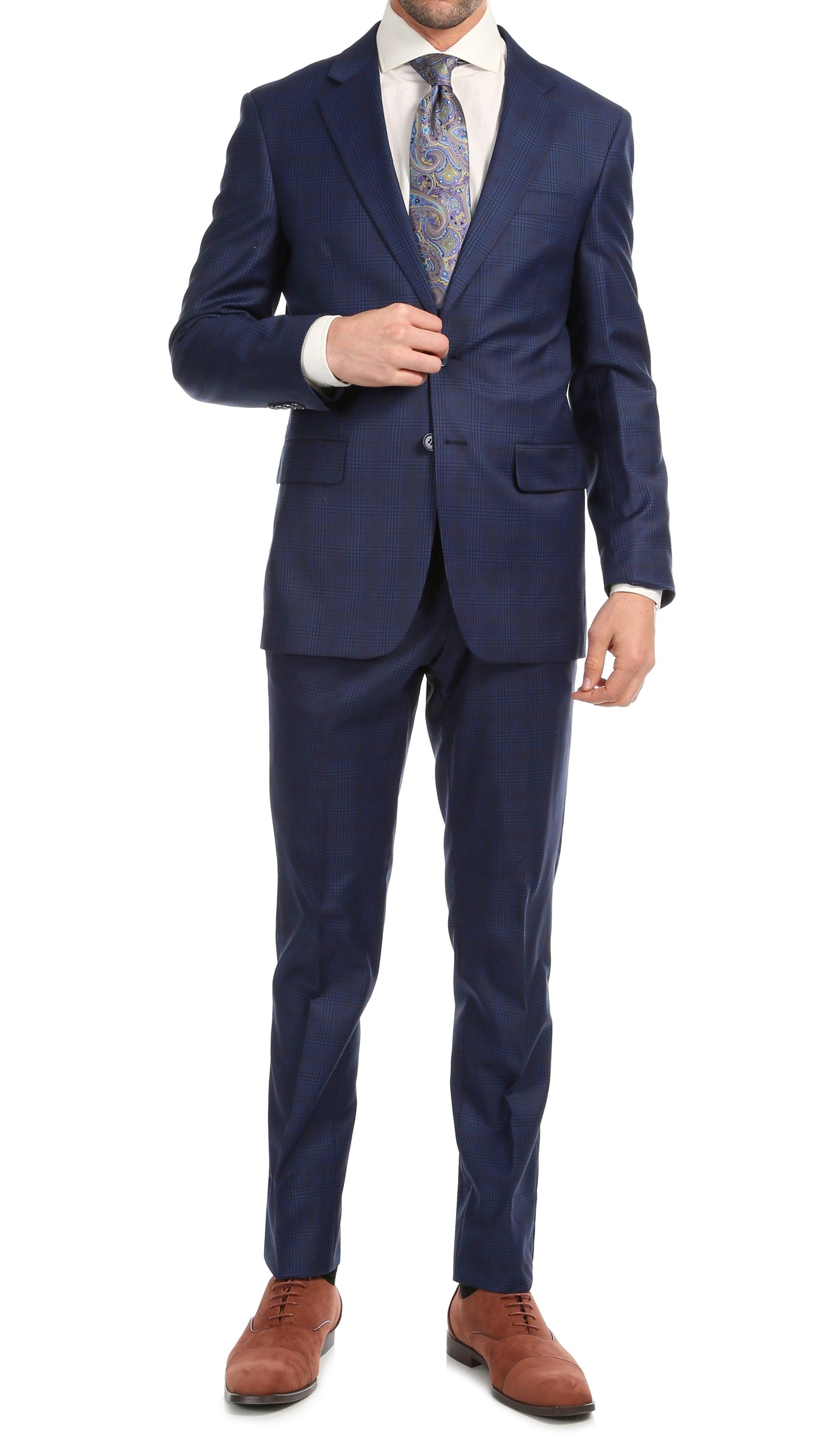 Yves Blue Plaid Check Men's Premium 2 Piece Wool Slim Fit Suit Ferrecci