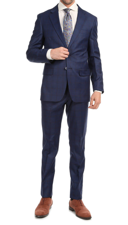 Yves Blue Plaid Check Men's Premium 2 Piece Wool Slim Fit Suit Ferrecci