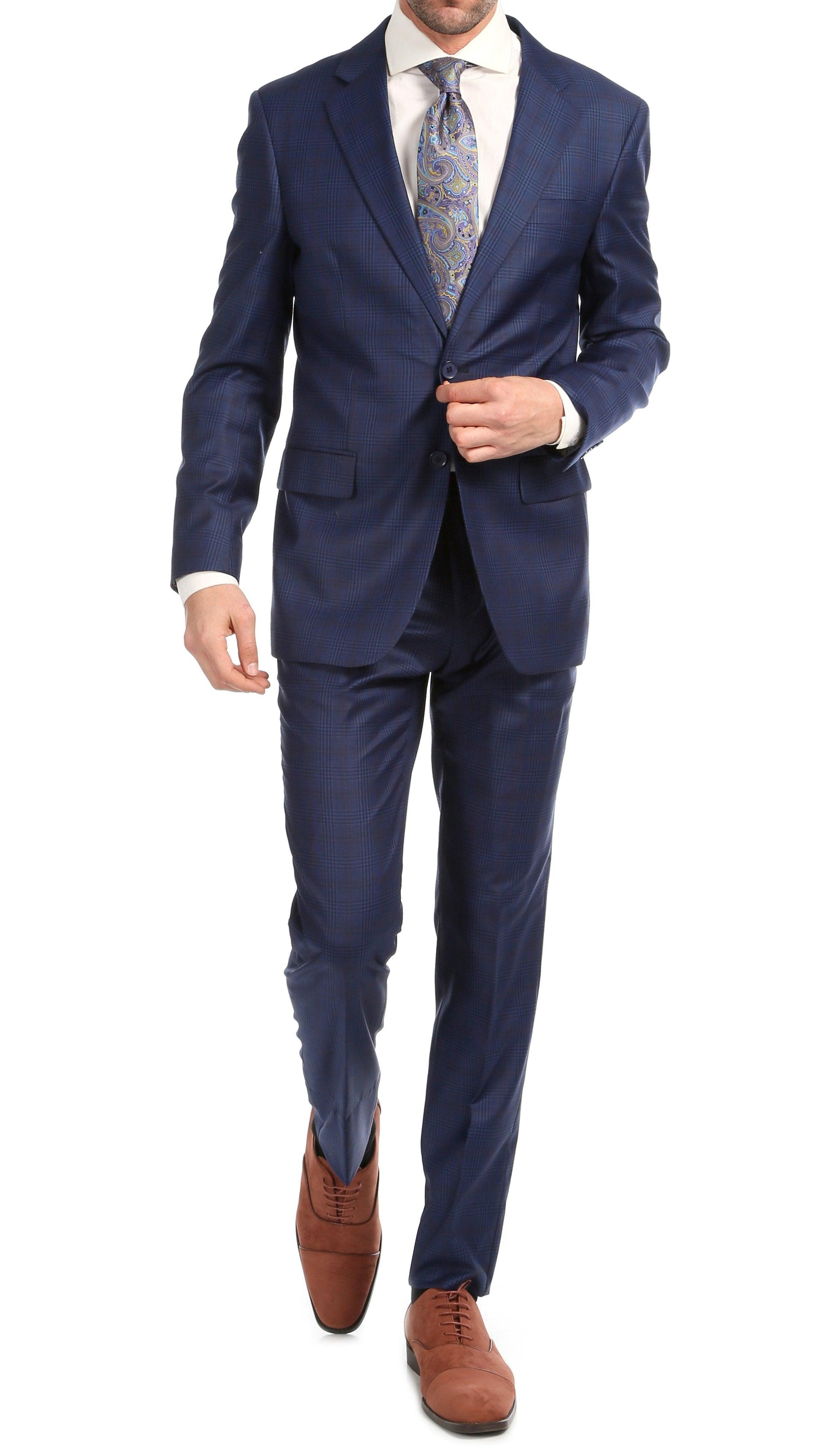 Yves Blue Plaid Check Men's Premium 2 Piece Wool Slim Fit Suit Ferrecci