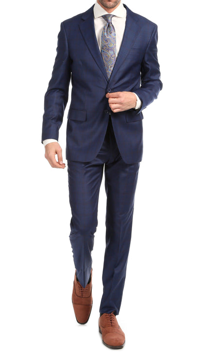Yves Blue Plaid Check Men's Premium 2 Piece Wool Slim Fit Suit Ferrecci