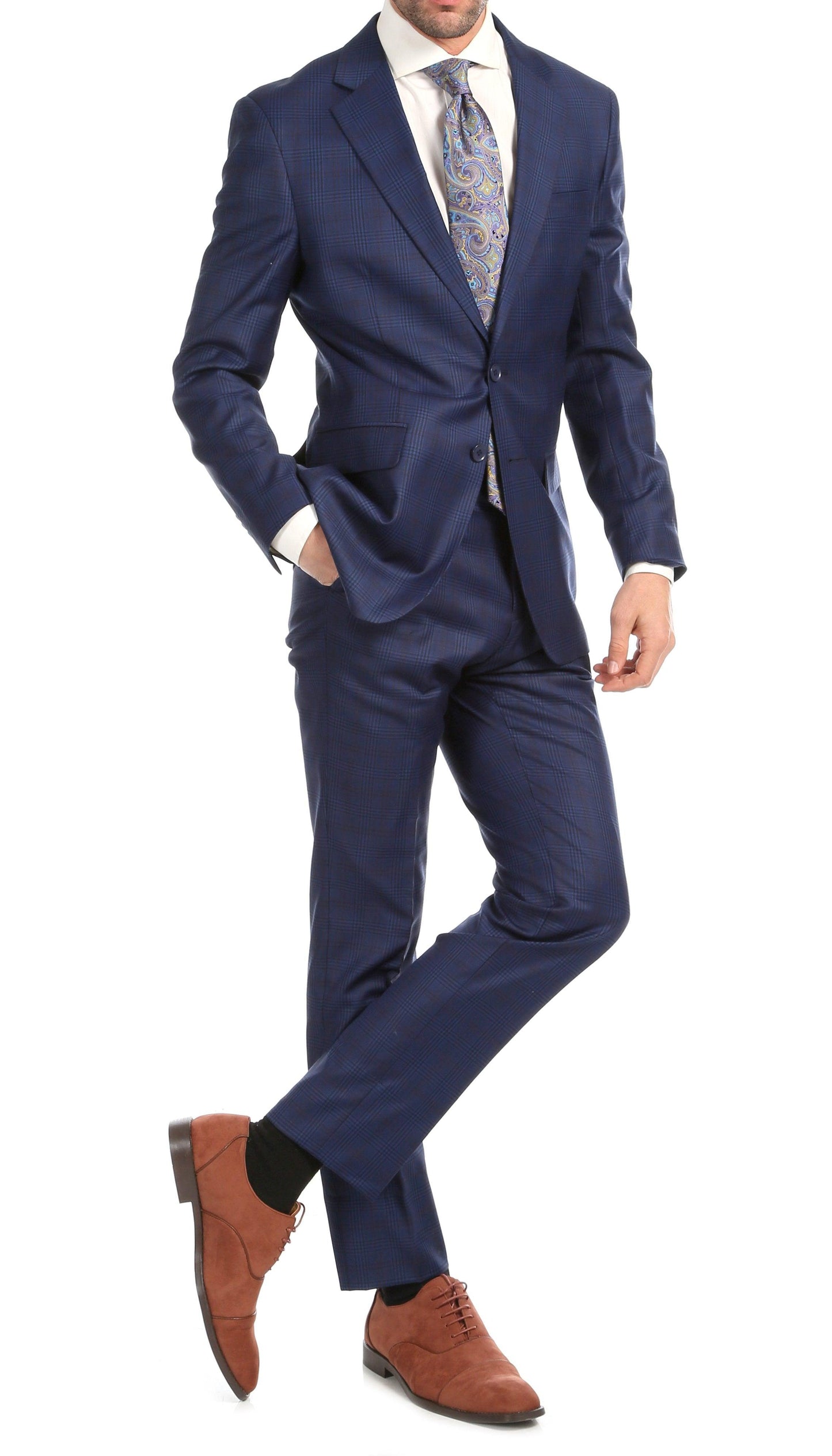 Yves Blue Plaid Check Men's Premium 2 Piece Wool Slim Fit Suit Ferrecci