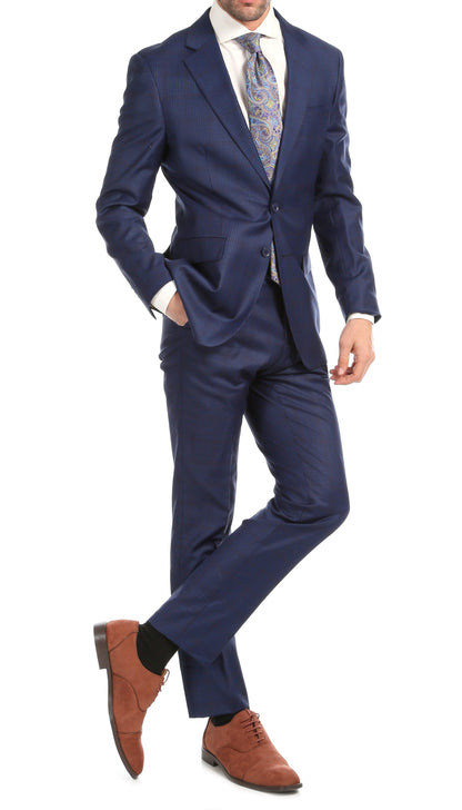 Yves Blue Plaid Check Men's Premium 2 Piece Wool Slim Fit Suit Ferrecci