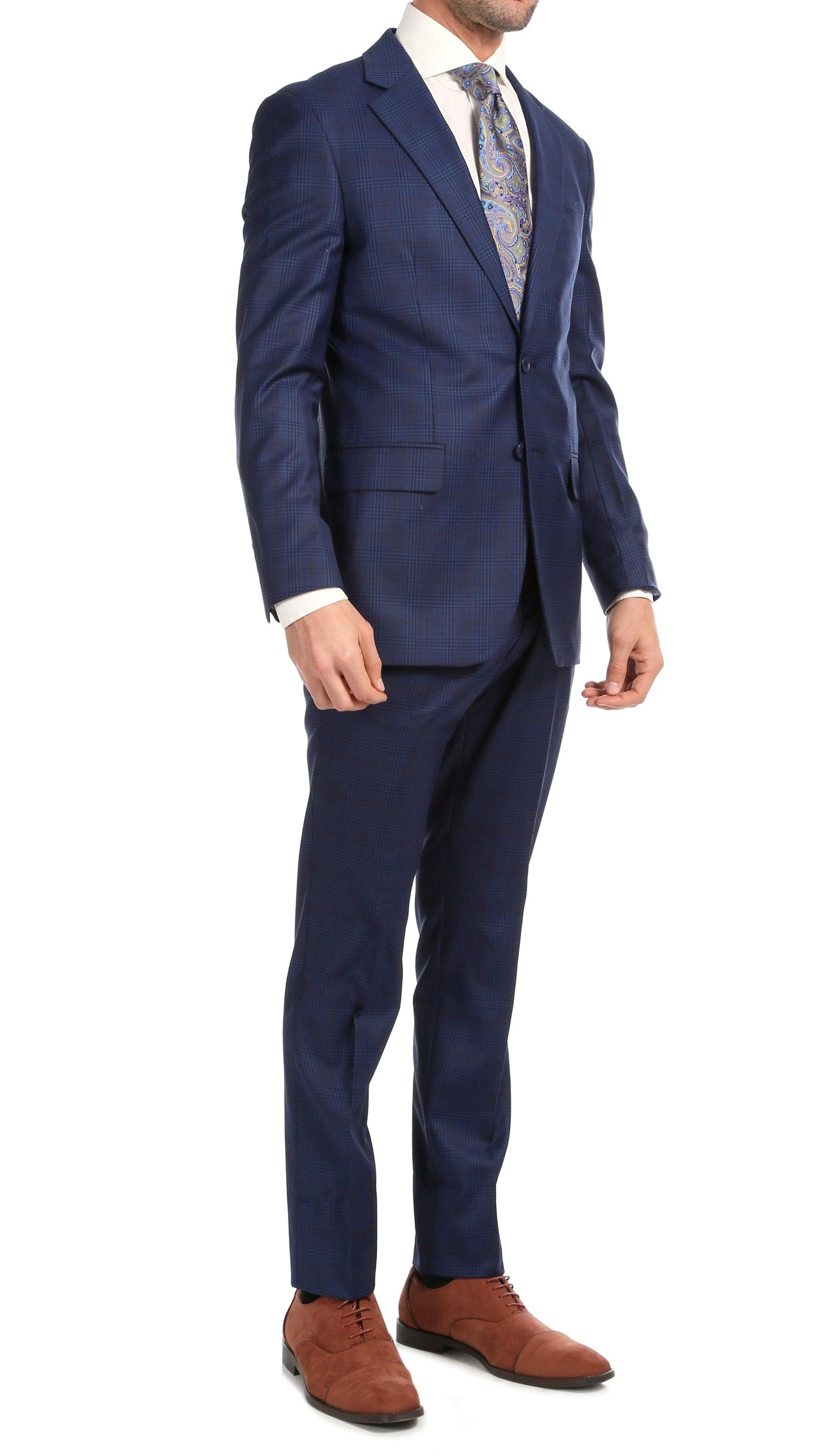 Yves Blue Plaid Check Men's Premium 2 Piece Wool Slim Fit Suit Ferrecci