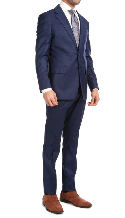 Yves Blue Plaid Check Men's Premium 2 Piece Wool Slim Fit Suit Ferrecci