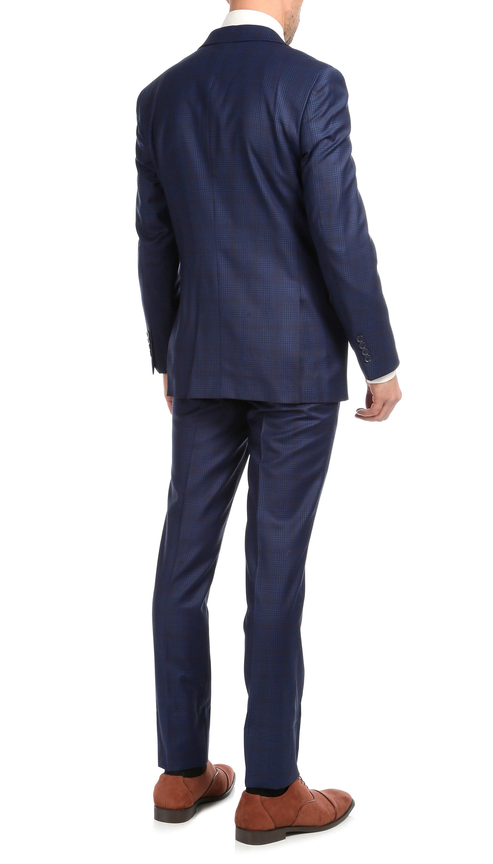 Yves Blue Plaid Check Men's Premium 2 Piece Wool Slim Fit Suit Ferrecci
